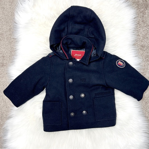JACADI PARIS Navy Blue Wool Blend Hooded Baby Winter Coat Size 12 Months - Picture 1 of 10